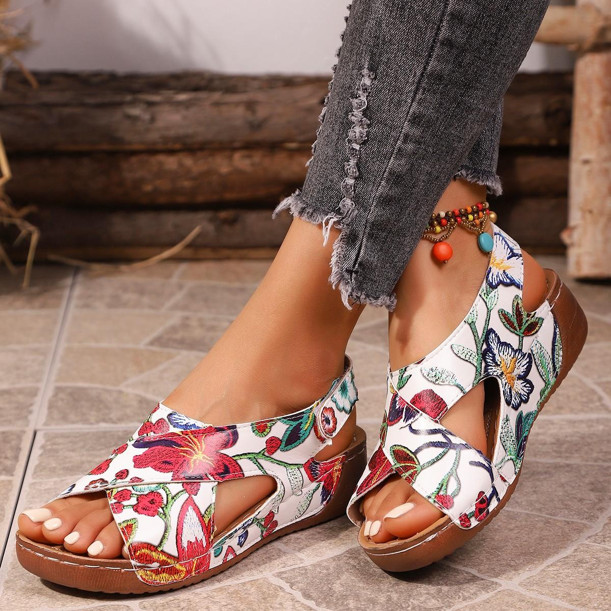 Large size wedge sandals summer 22 new printed cross with Velcro sandals 36