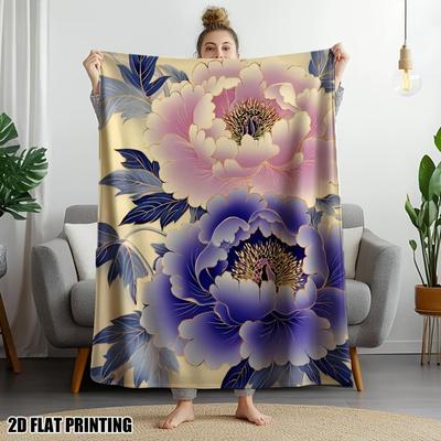 Peony Fleece Blanket 2D Flat Printing Luxury Floral Design Soft Cozy Throw Home Decor for Living Room or Bedroom Gift60x80