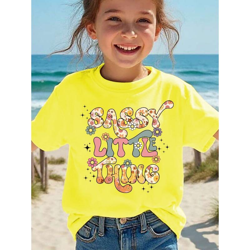 European Size Summer Fashion Girls' Short Sleeve T-Shirt with Sassy Little Thing Letter Print Casual Versatile Top