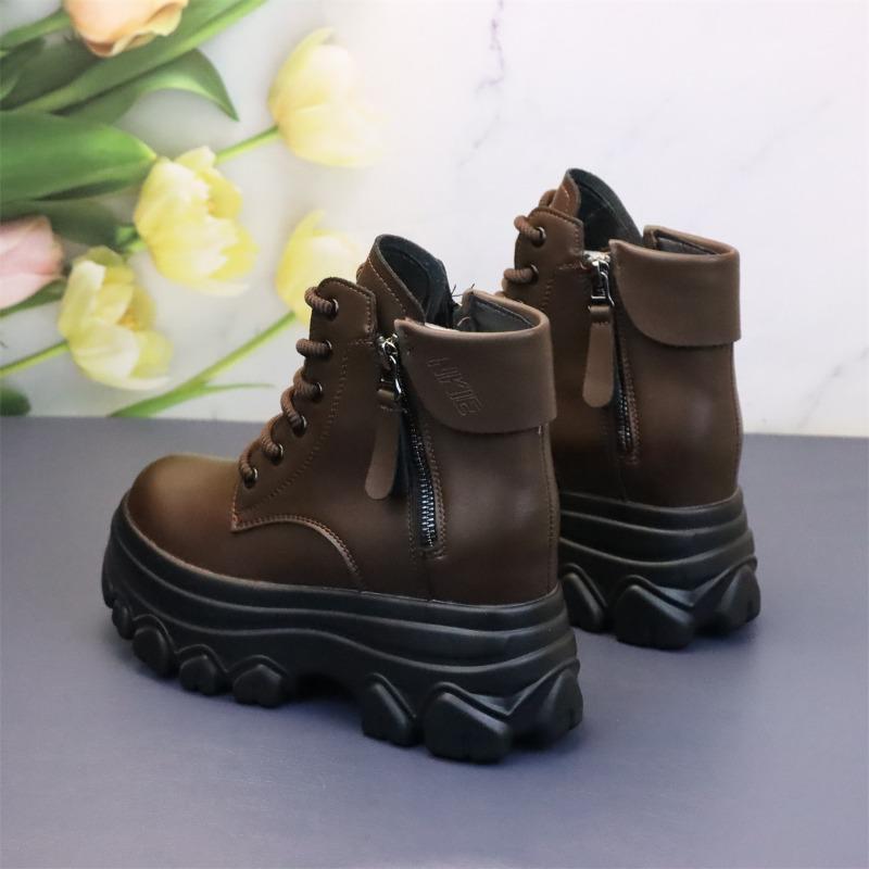 Fashion Autumn Women High Top Leather Shoes Platform Wedge Sneakers Chunky Shoes Hidden Heel 10 CM Brown Black Women Casual Shoes