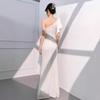 White evening dress women's   new banquet temperament long French one-shoulder celebrity host fishtail dress
