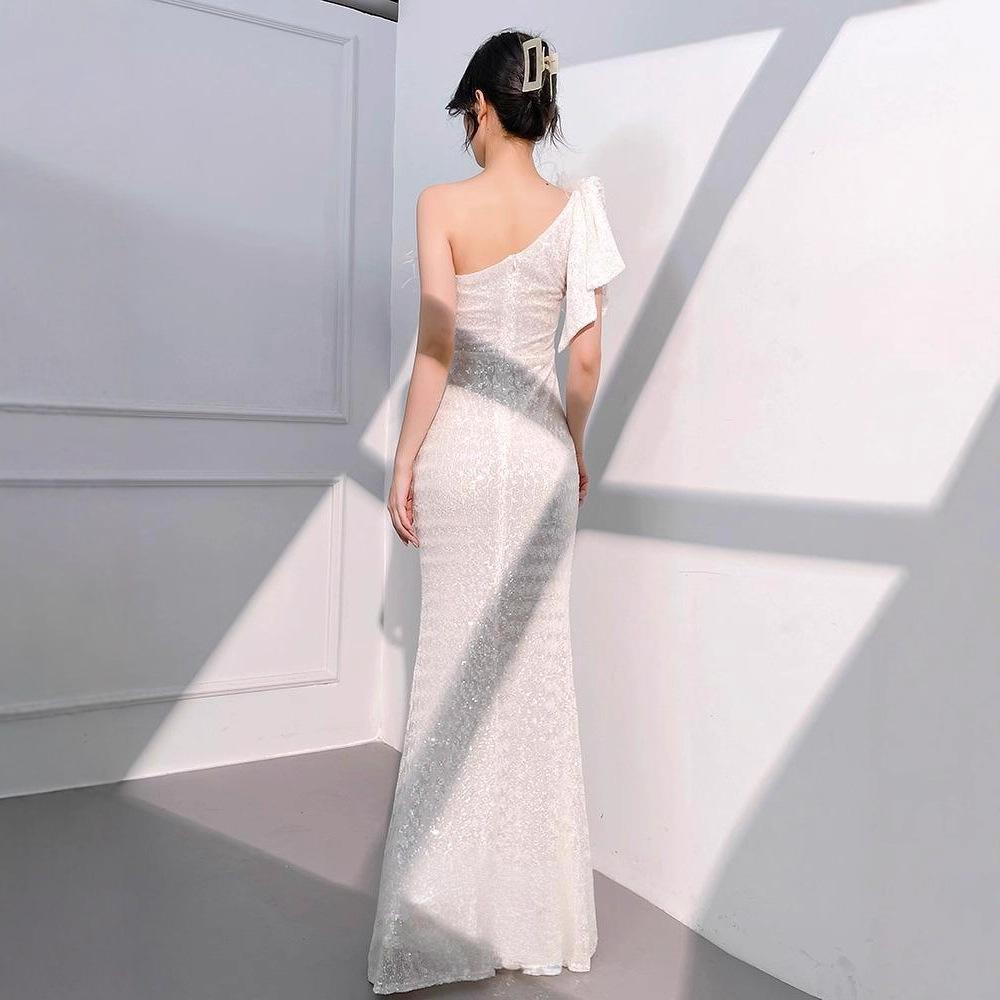 White evening dress women's   new banquet temperament long French one-shoulder celebrity host fishtail dress