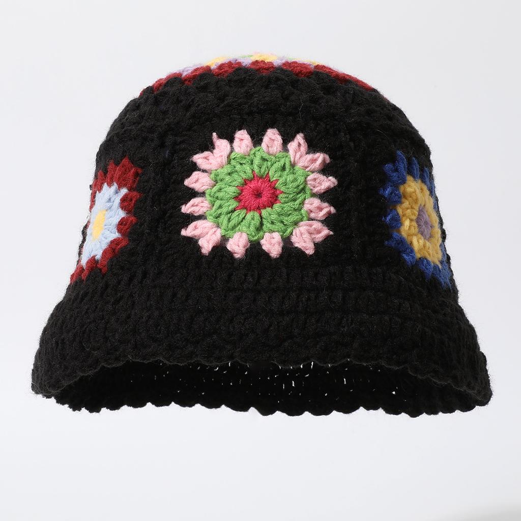 Chapéu de Tricô Feito à Mão Huejado com Flores Coloridas Misturadas Estilo Mori Nicho Versátil Retro para Viagem de Primavera e Outono para Mulheres