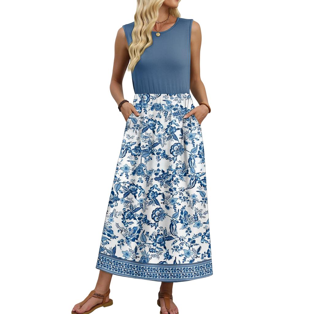 Sleeveless Round Neck Floral Print Maxi Dress Casual Loose Fit Long Dress Lightweight Summer Sundress for Women