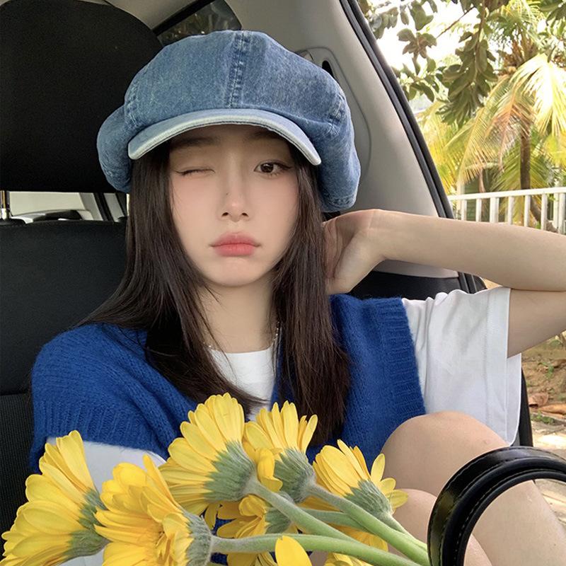 Spring and autumn washed cotton cowboy female painter hat retro octagonal hat big head circumference showing face small beret retro style