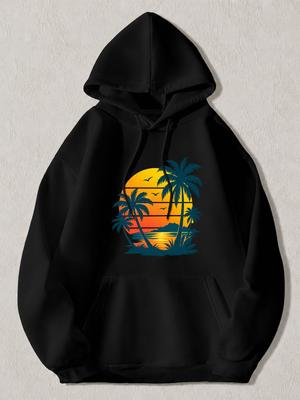 Black Pullover Hoodie with Retro Tropical Sunset Palm Tree Graphic Vintage Beach Scene Print Sweatshirt for Casual Daily Wear