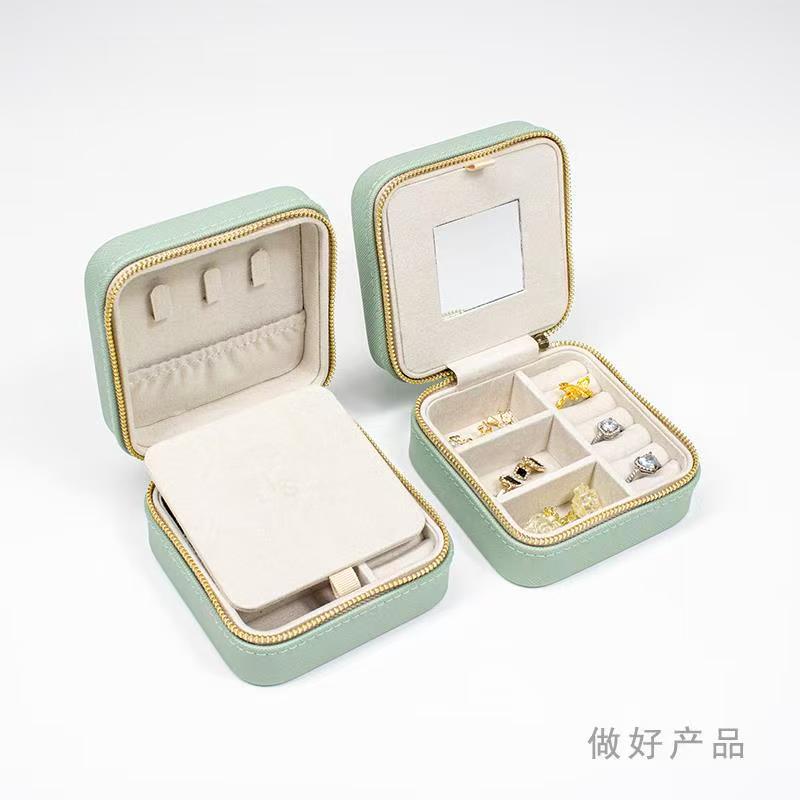 Leather Modern Jewelry Storage Box With Mirror Portable Travel Necklace Earring Ring Small Square Zipper Bag
