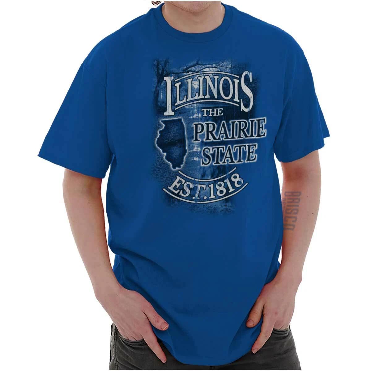 Illinois Prarie State Est 1818 Map Tourist IL Adult Short Sleeve Crewneck Tee S
