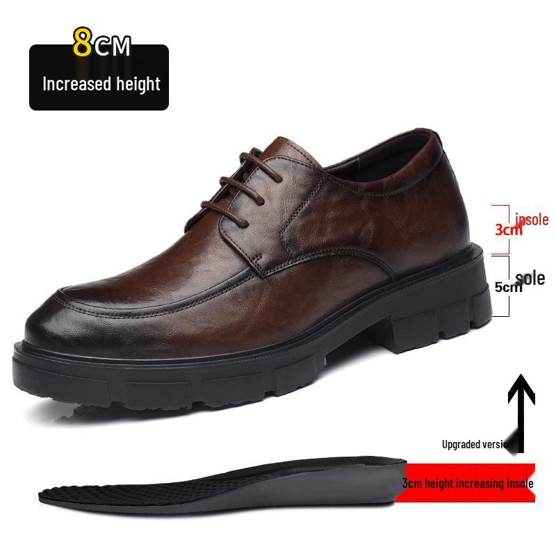 Men's Casual Leather Shoes with 10CM Height Boost, Thick Soles, and Textured Finish.