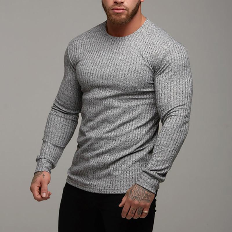 Muscleguys Autumn Running T-shirts Mens Classic Ribbed Knit Jumper Sports Long Sleeved Slim Fit Round Neck Casual Gym Fitness T Shirt