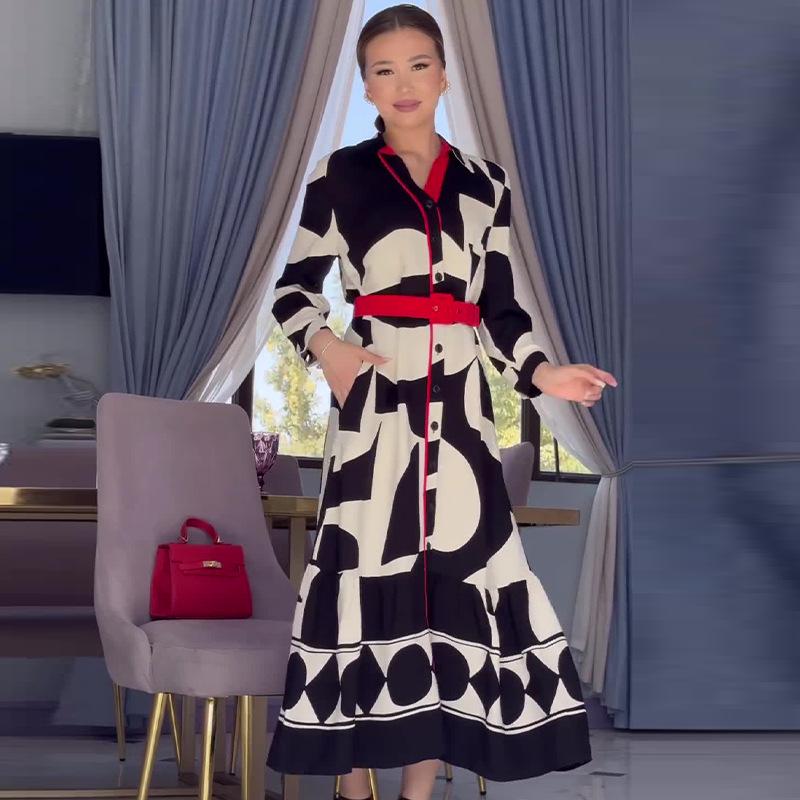 2024 Autumn Women's Fashion Color Block Print Casual Long-Sleeve Dress