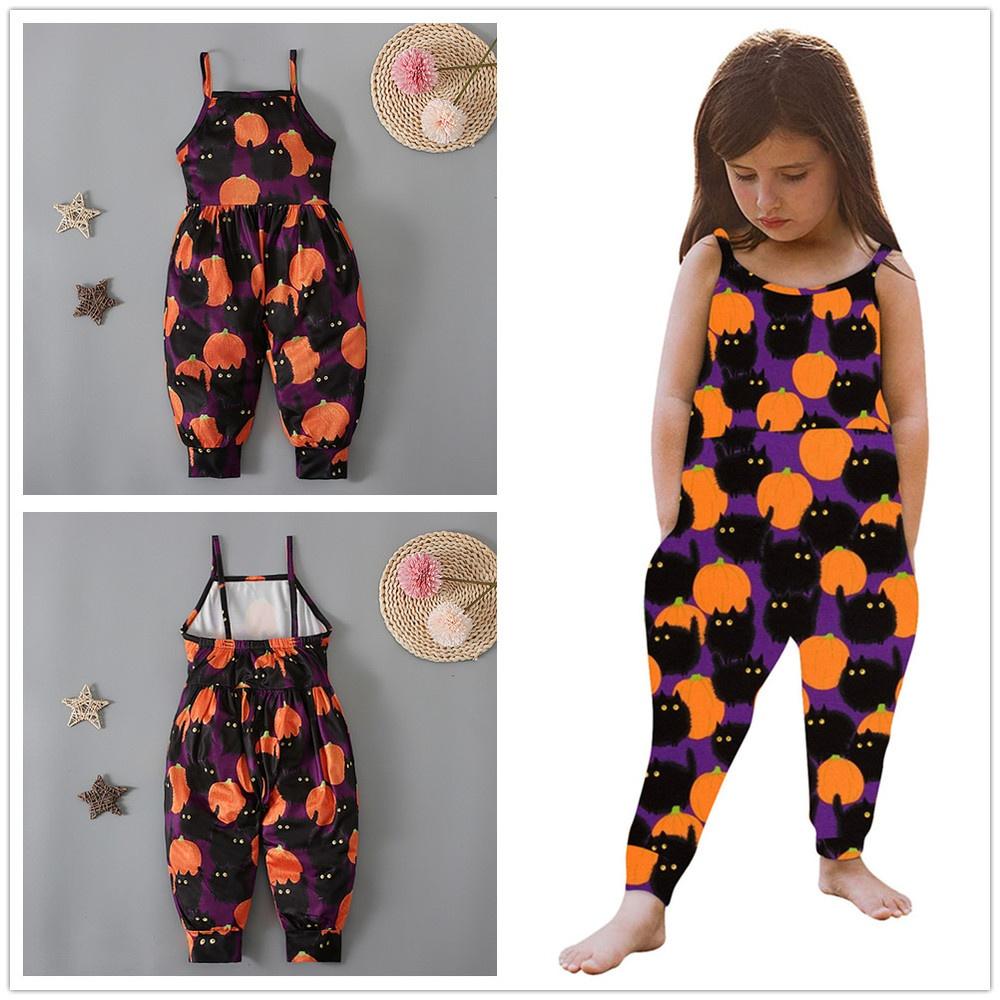 Halloween Pumpkin Skull Bat Cat Baby Kids Spaghetti Straps Romper Jumpsuit Children Clothes for 1-6 Years