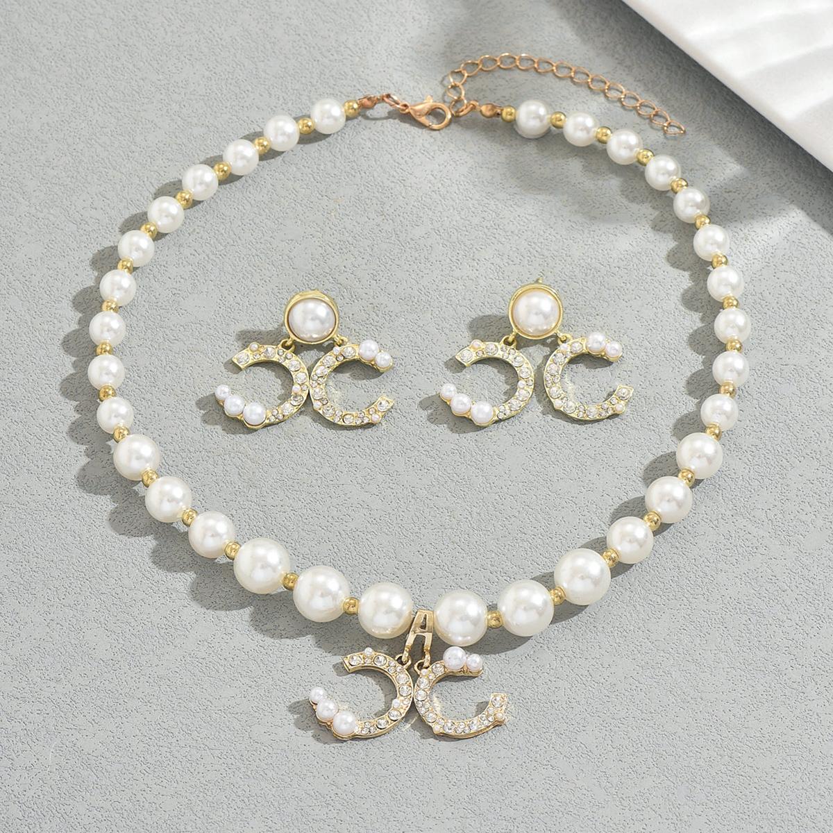 Imitation Pearl & Rhinestone Letter Necklace Dangle Stud Earings Women s Elegant Wedding Party Jewelry Set