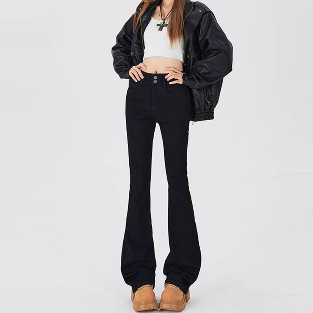 Personalized Versatile High-waisted Micro-pull Jeans Spring and Autumn New Double-buckle Thin Micro-flared Jeans