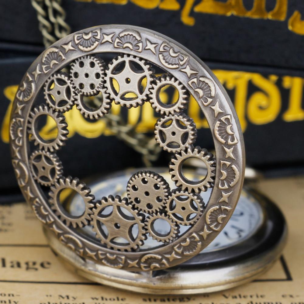 Quartz Pocket Watch Vintage Bronze Necklace With Chain Pocket Fob Watches Steampunk Pendant CF1482