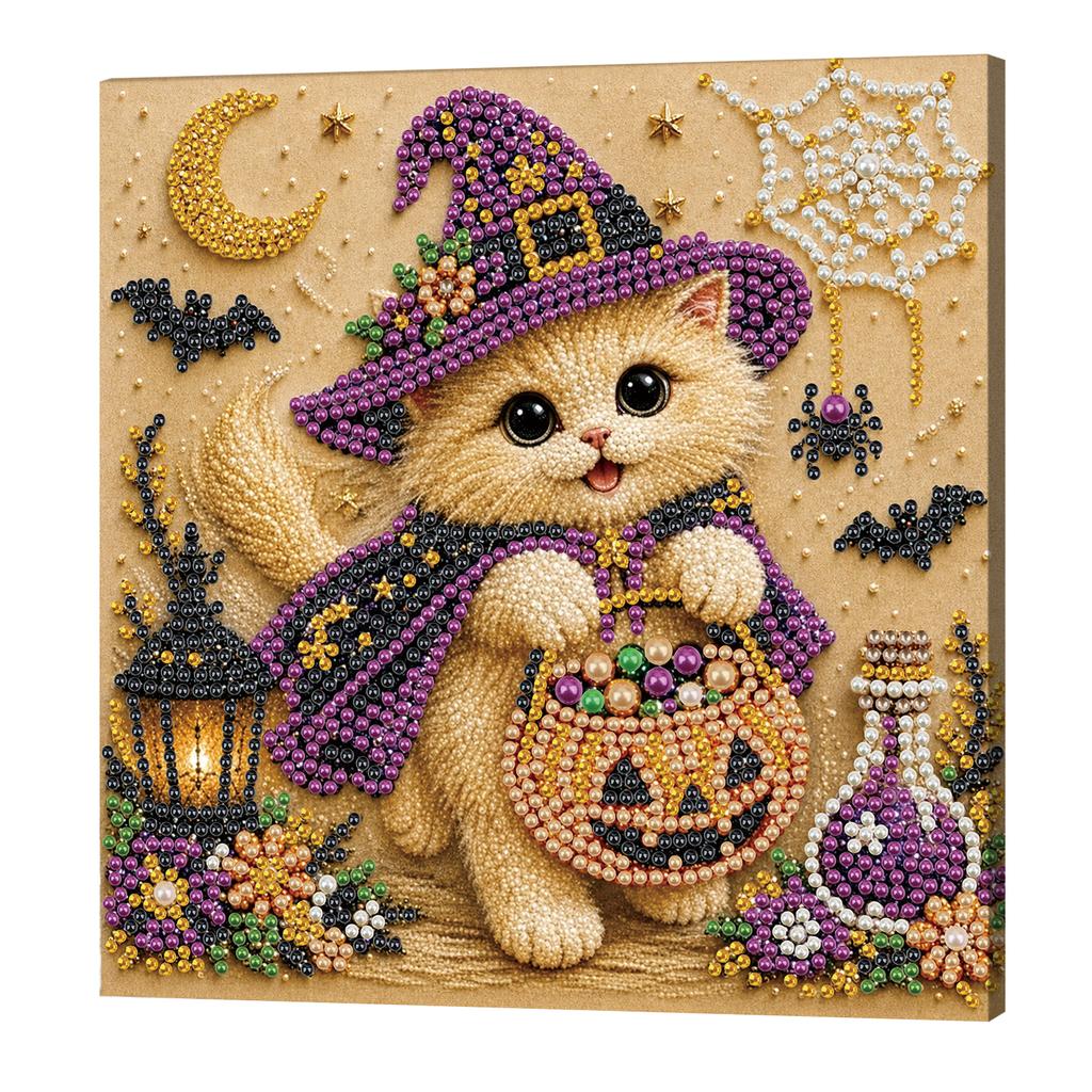 Full Drill Pearl Painting Kit with Frame 20x20cm Halloween Animal DIY Bead Art 3D Sparkling Wall Decor