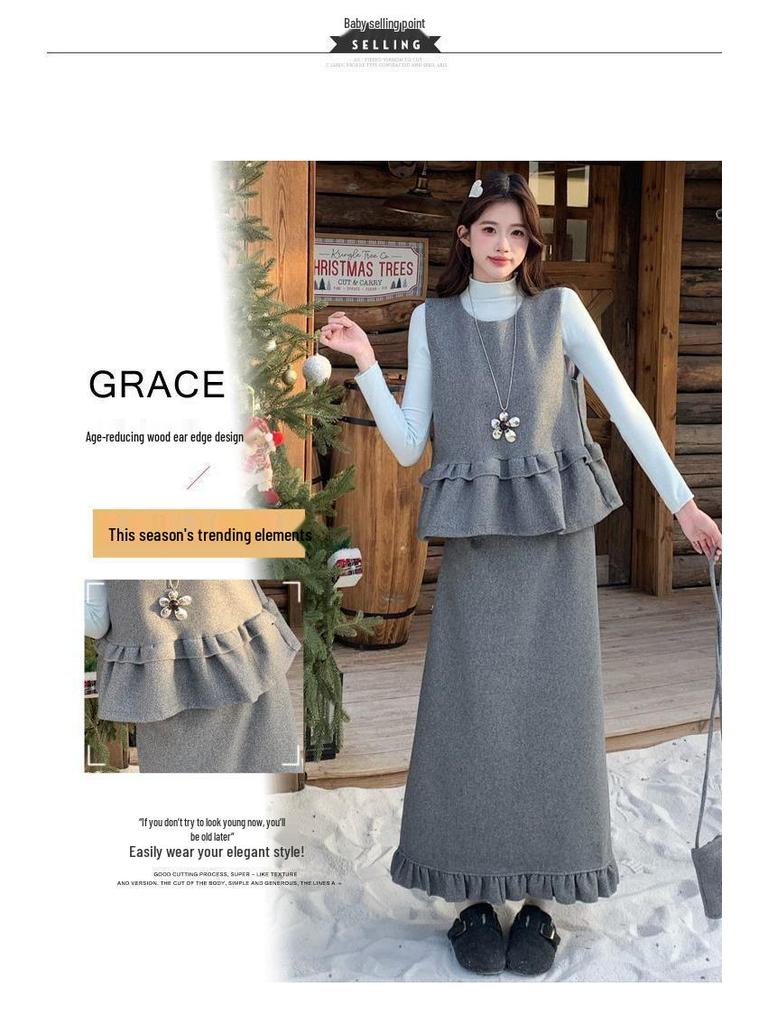 Elegant Retro Polka Dot Three-Piece Set: Vest, Base Layer, Slimming Skirt - Korean Style Autumn/Winter Fashion
