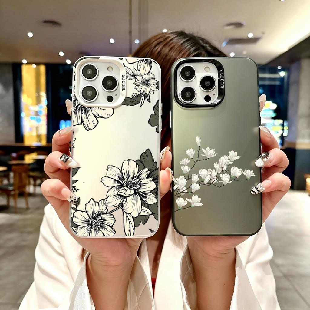 Color Phone Case For iPhone 17 16E 16 11 15 14 Pro MAX 12 13 MINI 7 8 Plus XR SE Silver Plated IMD Cover Protection Flower