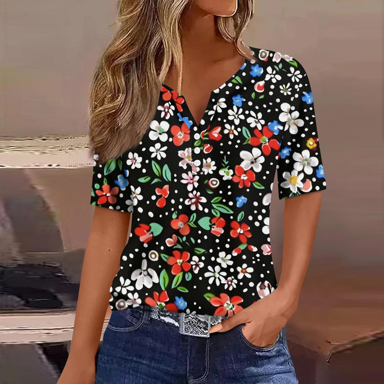 

Жіноча футболка з принтом на ґудзиках, з коротким рукавом, щоденна мода на вихідні, базовий V-подібний виріз, звичайний топ XL