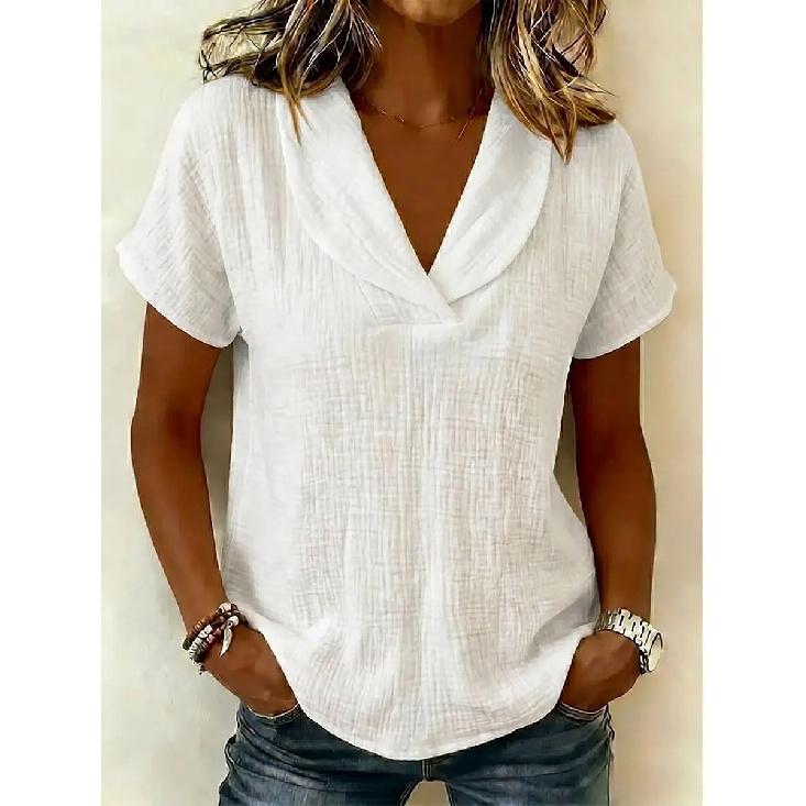 Women S Summer Linen Doll Collar Short Sleeve Loose Solid Color Shirt Casual Button Patchwork Blouse S белый