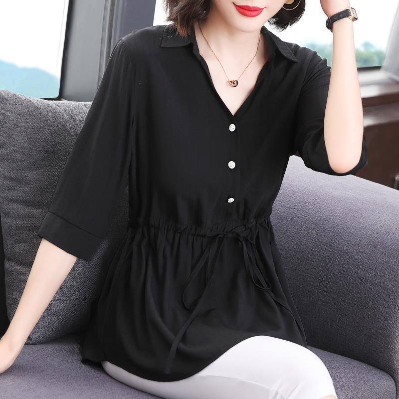Women's Short Sleeved Shirt Mid Sleeved Summer Loose Top Black Plus Size Medium Long Shirt