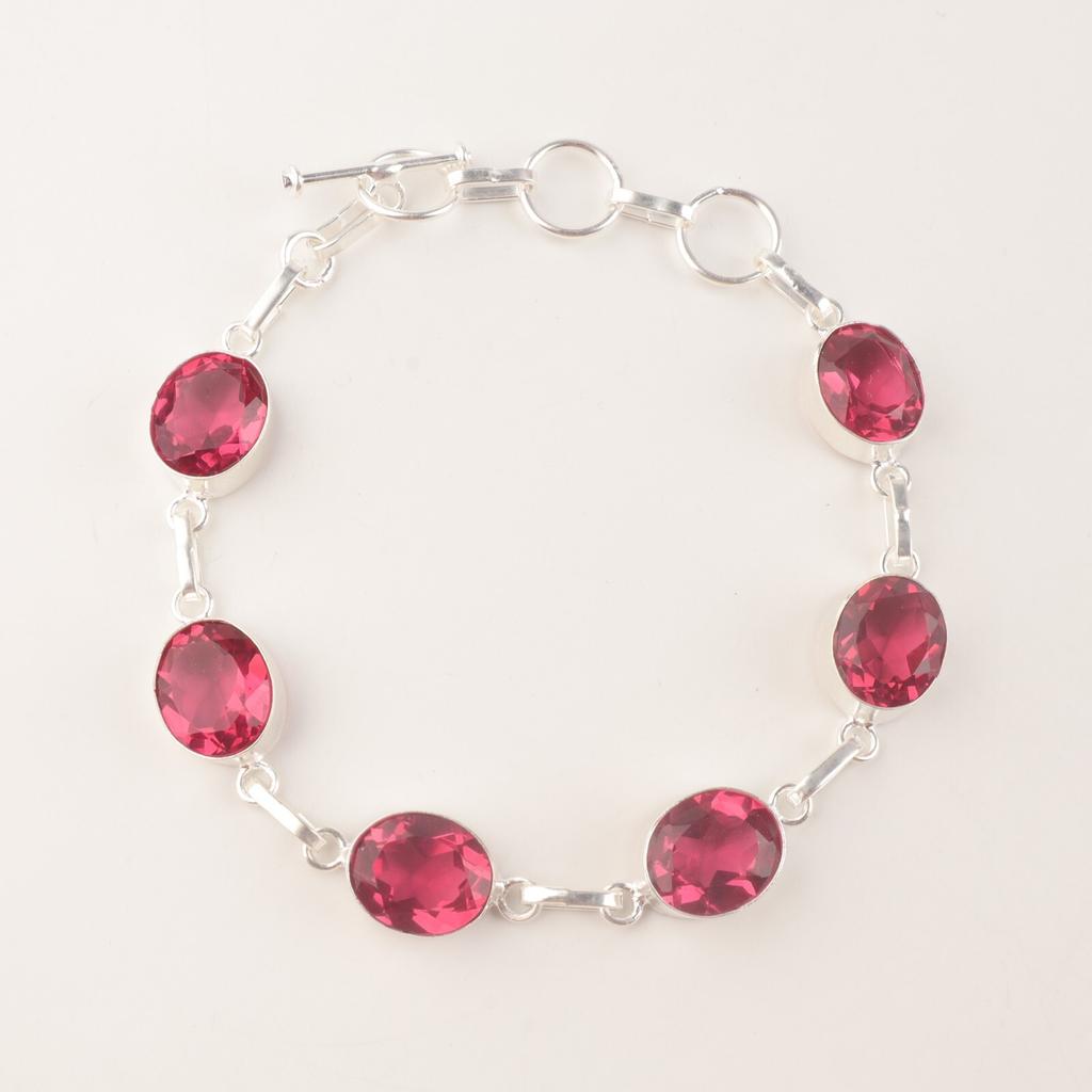Pink Tourmaline Gemstone 925 Sterling Silver Jewelry Handmade Boho Bracelet 9" RB-5-1