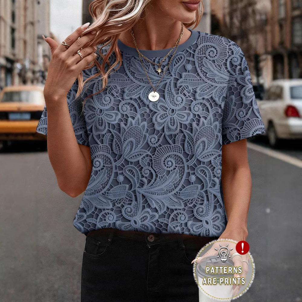 Women's Round Neck Short Sleeve Tee Regular Fit Elegant Casual Top Lace Floral Print Fashion Blouse