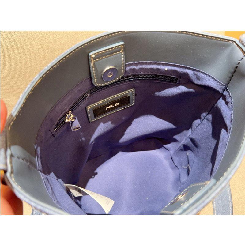MLB25 Korea Denim Patchwork Bucket Handbag with Adjustable Shoulder Strap for Men and Women
