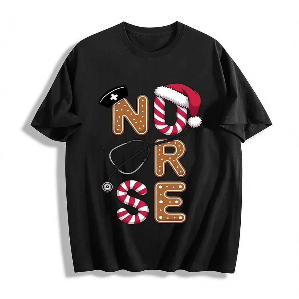 Christmas Gingerbread Style Nurse Themed Print Top Pure cotton T-shirt XXS