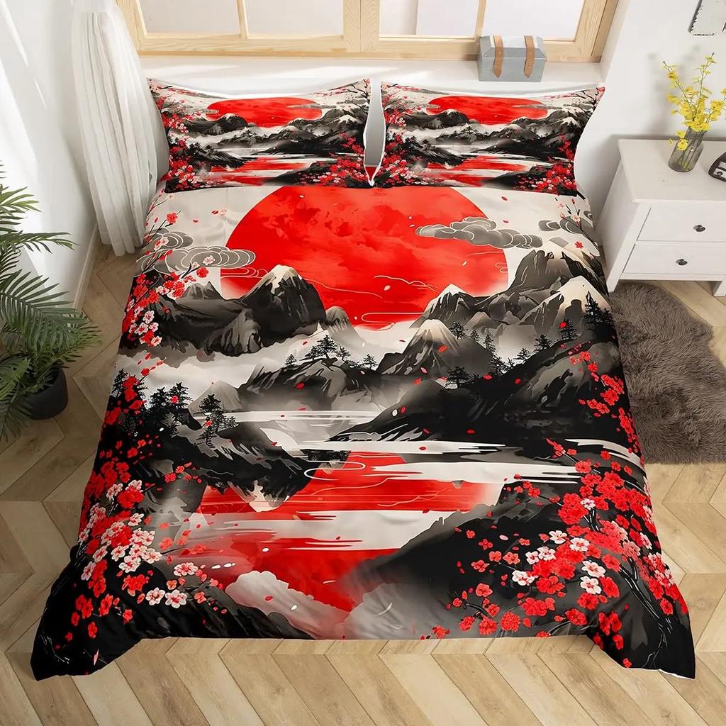 Japanese Landscape Duvet Cover Set for Teens Adults Queen Quilt Covers Lightweight Down 2 Pillowcases 1 Duvet Cover No Comforter