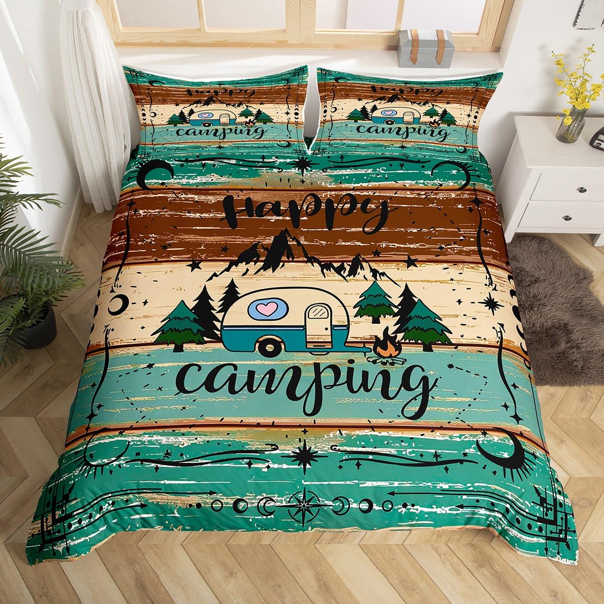 Jessica Chen Unisex Camping Duvet Cover Lodge Cabin Camp Travel Car Bedding Sethappy Glamping Trailer Comforter Cover Queenvintage Farmhouse Decor