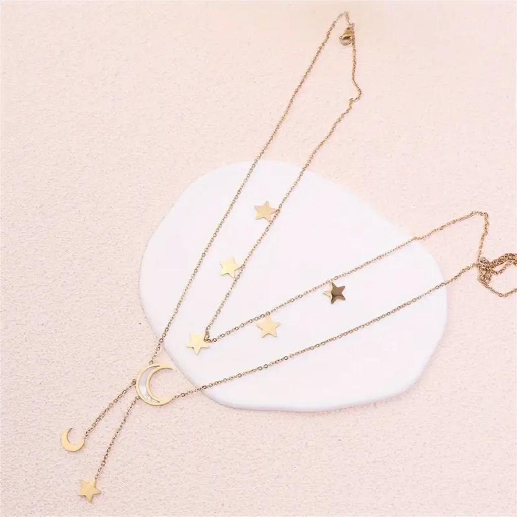 Doppellagige Halskette mit Stern- und Halbmond-Quastenanhänger für Damen, Vintage-Accessoire im Bohème-Stil, Legierung, vielseitig einsetzbar für den Alltag und Partys
