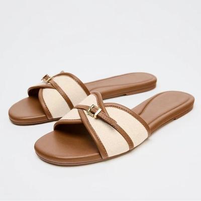 Moda Moda Fivela de Cinto de Lona Chinelos de Designer Femininos Confortáveis Leves Sandálias Slide Verão Elegantes Sandálias Rasteirinhas com Biqueira Aberta