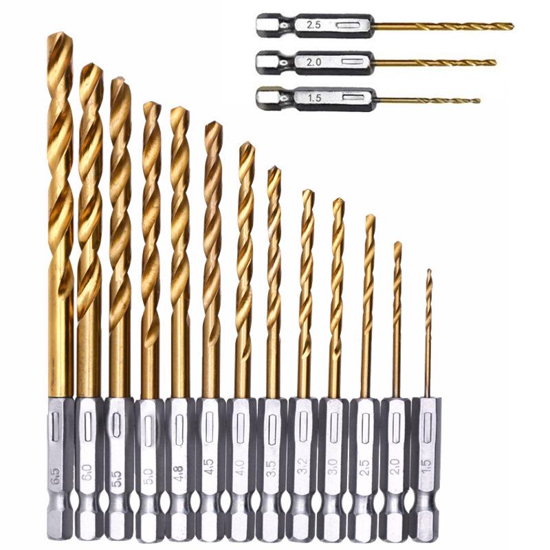 13-Piece Titanium Hex Shank Twist Drill Bit Set for Air Screwdrivers (1/4" Hex)
