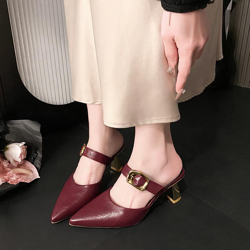 Fashion High Heel Slippers Summer New Sharp Head Shallow Mouth Metal Buckle Set Foot Anti-slip Wear-resistant Heel Shoes