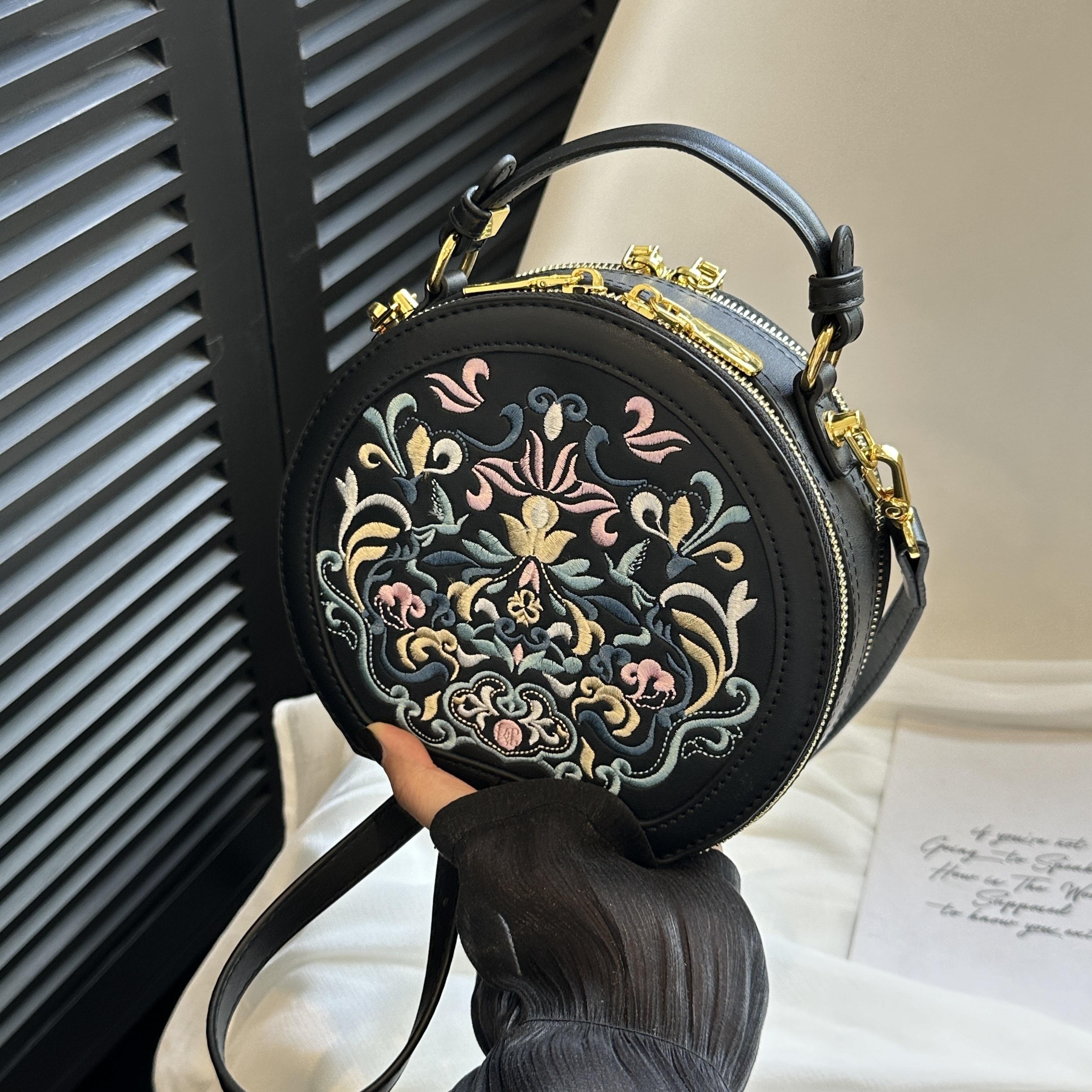 

Круглая сумка через плечо с винтажной вышивкой, сумка на молнии, классическая трендовая нишевая сумка-саквояж