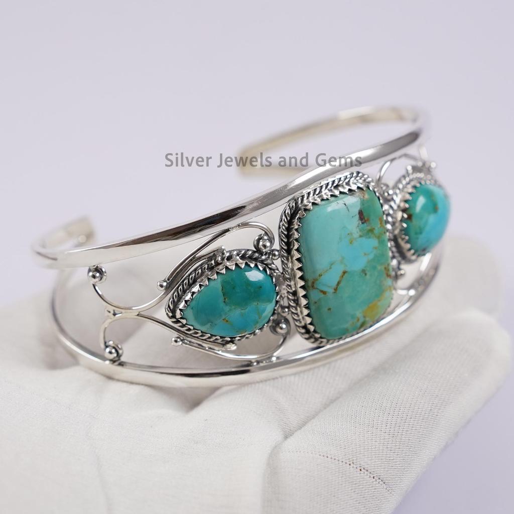 Natural Turquoise Cuff Bracelet, 925 Sterling Silver, 3 Stone Cuff Bracelet, Designer Bracelet, Wedding Bracelet