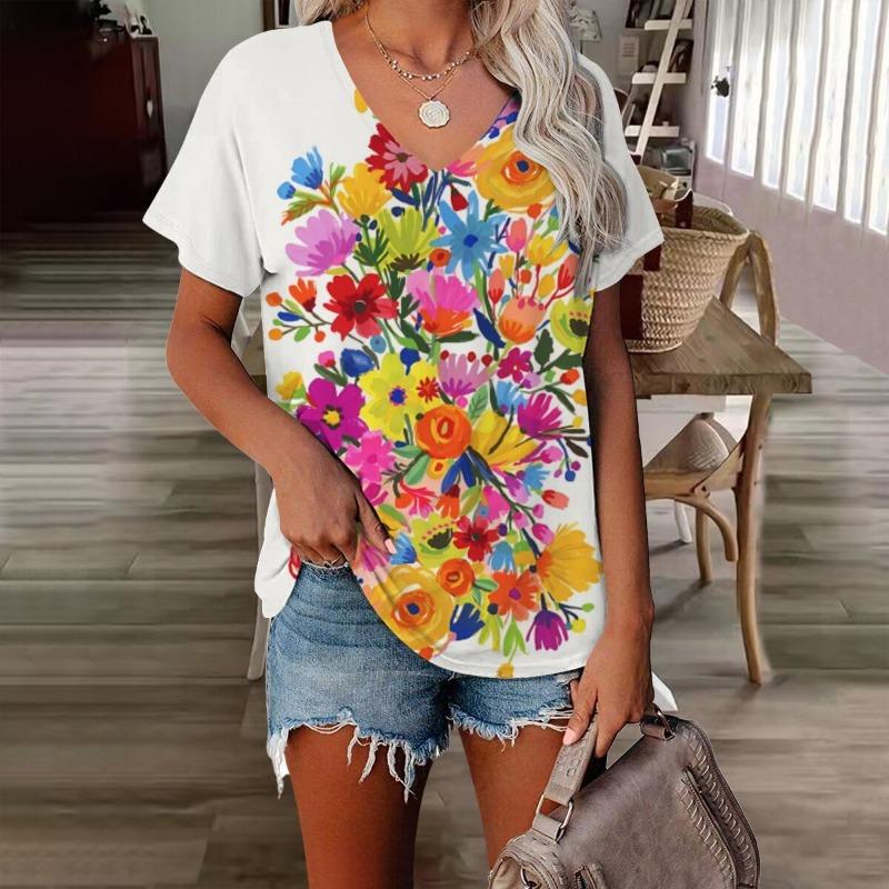 Blumen Damen V-Ausschnitt T-Shirt 3D-gedruckt Retro-Mode Casual bedruckte kurzärmlige Kleidung