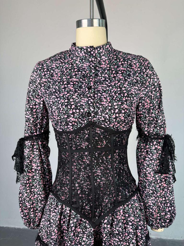 2024 Summer Sweet Print Waist-Cinching Long-Sleeve Lace Dress for Women
