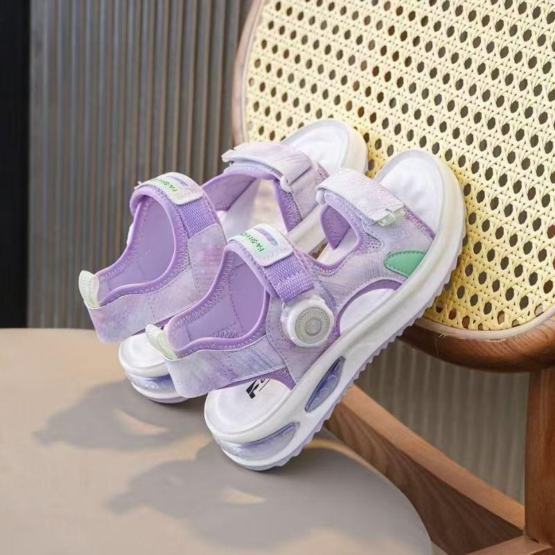 Girls Beach Shoes Open Toes Soft Sole Kids Casual Shoes Non-slip 2025 Summer New Children Sandals with Rotating Button Sweet