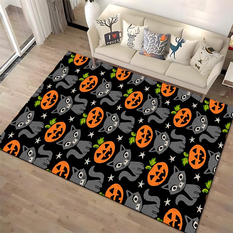 Halloween Black Cat and Pumpkin Pattern Carpet with Stars On Black Background Suitable for Use As an Anti-slip for Room and Bedroom Sofas