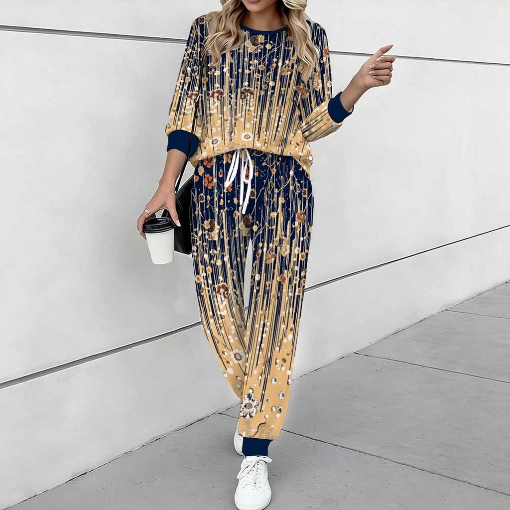 Women Retro Pattern Print Two Piece Outfit, Long Sleeve Crew Neck Top & Drawstring Jogger Pants Casual Tracksuit for Spring Autumn