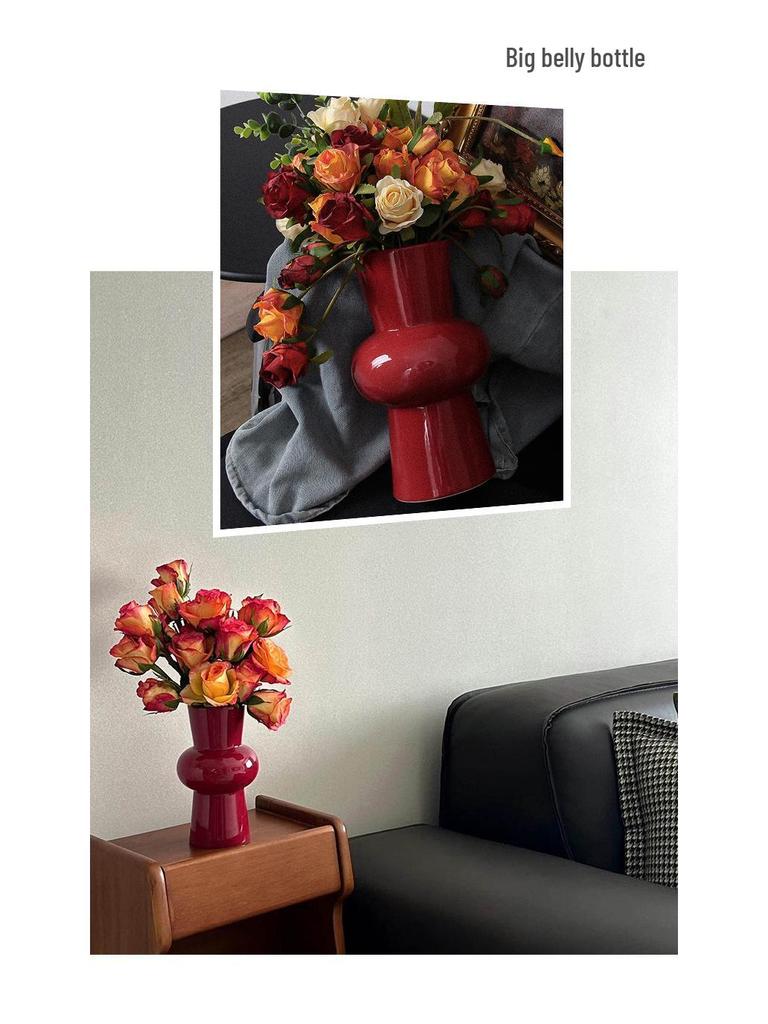 Čínská červená keramická váza ze poloviny století - Novoroční speciální ozdoba pro obývací pokoj nebo svatební aranžmá ze sušených květin