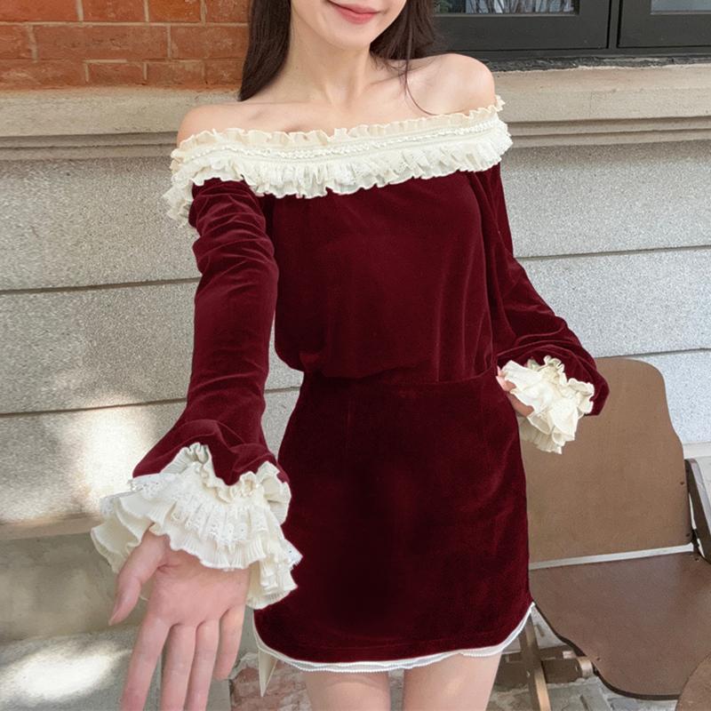 VONDA Women Summer Lace Off Shoulder Top Short Skirt Sets