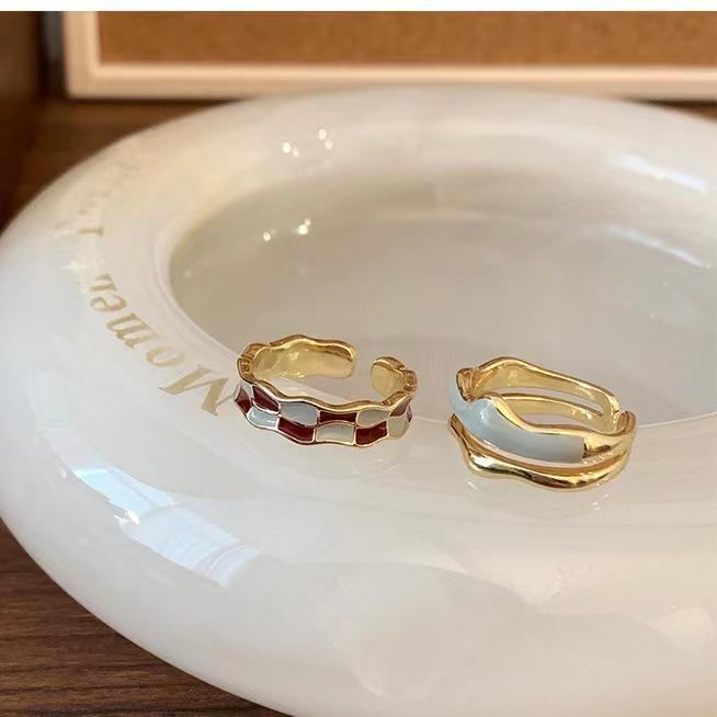 Enamel Checkerboard Ring Set, Irregular Mountain Peak, High Value, Niche, Unique Design, Personalized Open Index Finger Ring