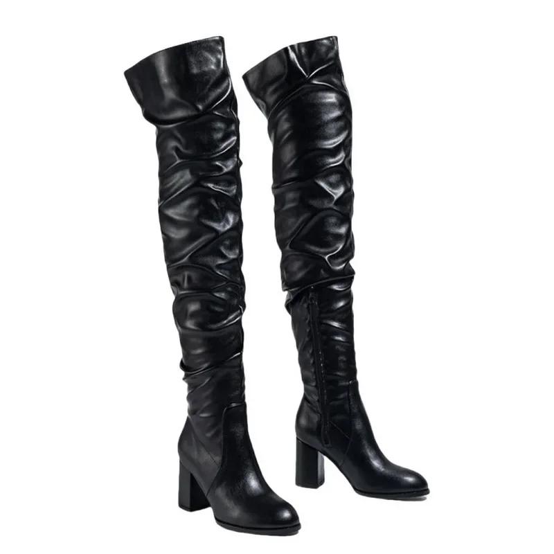 Women Stretch PU Square Heel Long Boots Side Zipper Pleated Over-the-knee Boots Office Nightclub Party All Purpose Women Boots 35 чёрный 4570₽