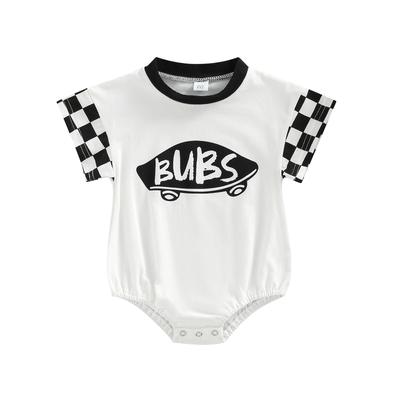Baby Mädchen Junge Strampler Karomuster Kurzarm Rundhals Cartoon Muster Buchstabenaufdruck Jumpsuit