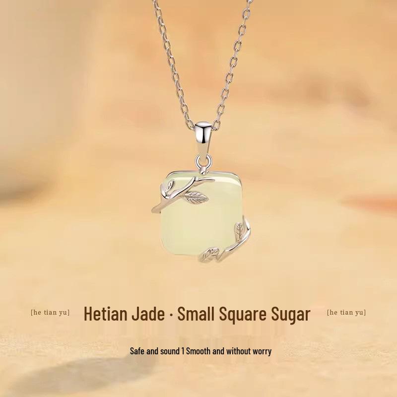 S925 Sterling Silver Sugar Cube & Hetian Jade Necklace – Luxury Pendant Gift for Women 925 Silver
