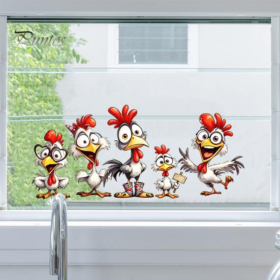 Cartoon Chicken Glass Stickers Rooster Static Sticker, Funny Roosters Window Clings, PVC Removable Outdoor Balcony Decor Decal, Waterproof Sunproof