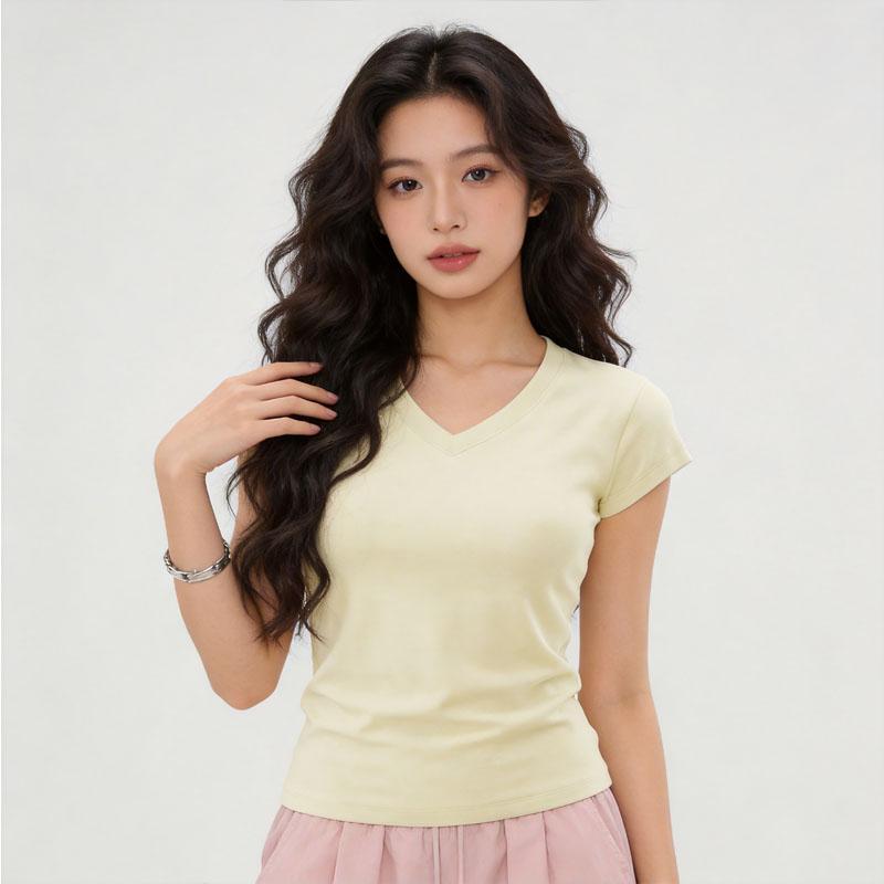 V-Ausschnitt T-Shirt kurzärmelig figurbetontes Oberteil Sport-T-Shirt Damen Sommer vielseitiges T-Shirt